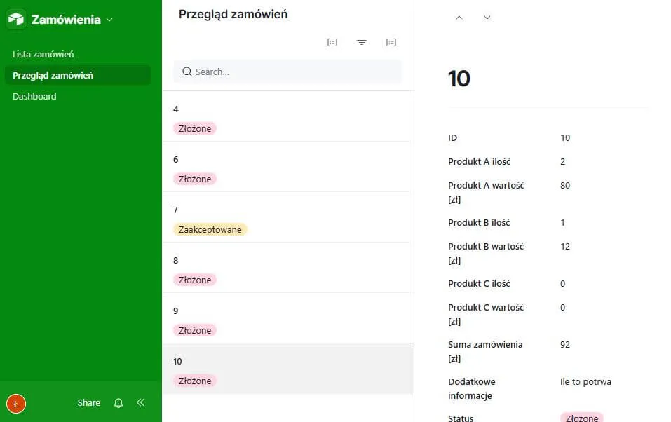 Interfejs airtable - szczegóły zamówień